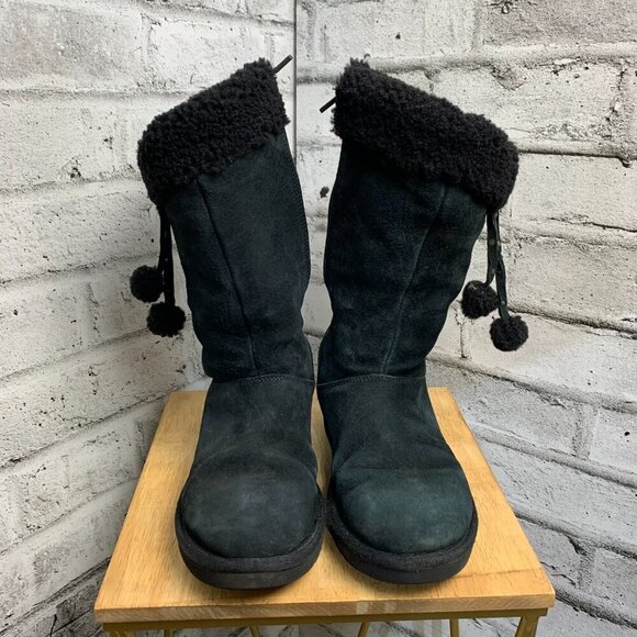 Ugg Black Suede Sherpa Lined Mid Calf Boots - Picture 2 of 12